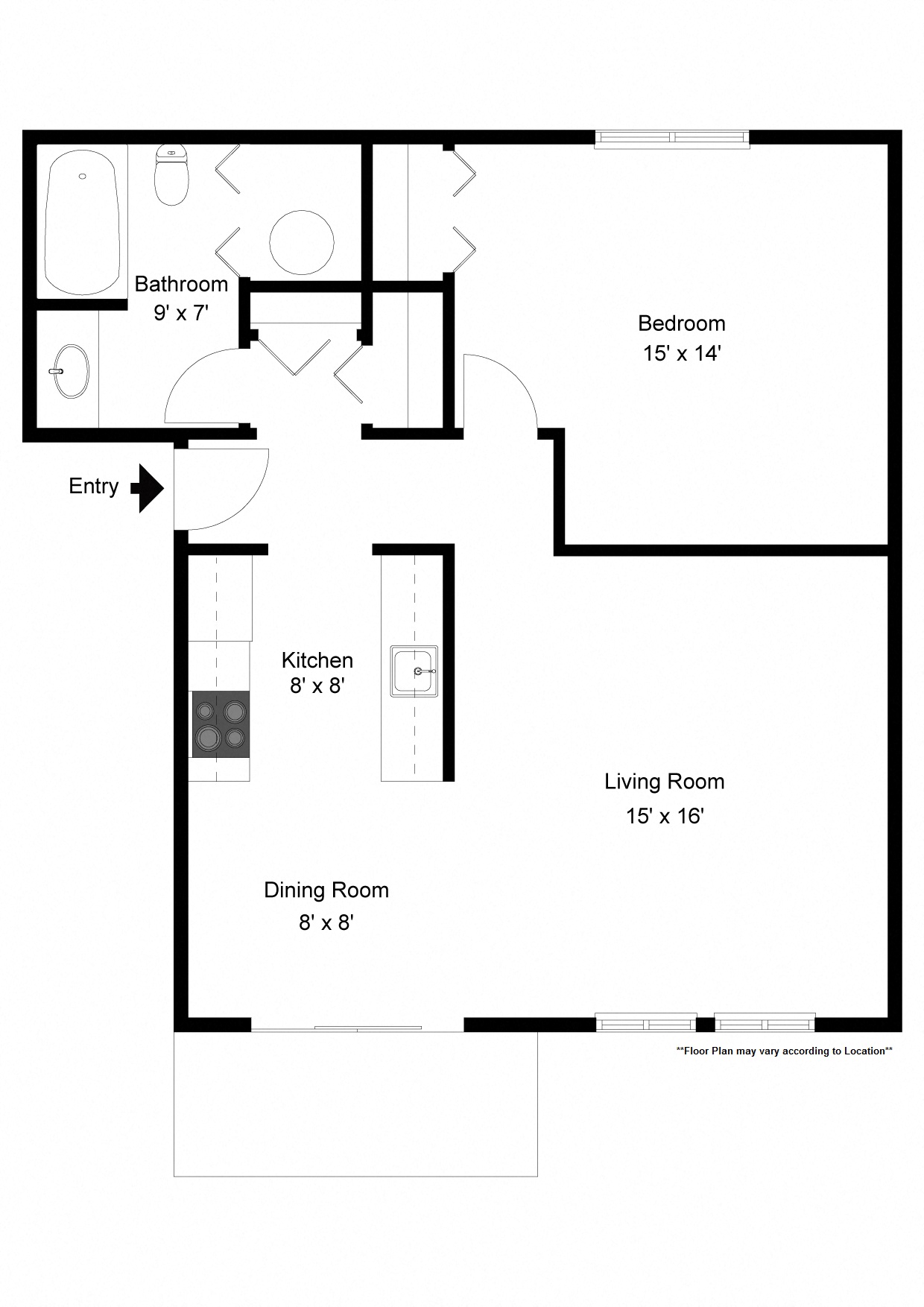 Floor plan for 1 bed, 1 bath, 780 sqft